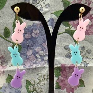 Spring Easter Bunny Peeps Pastel Earrings - Three Rabbits Design🐰🐰🐰